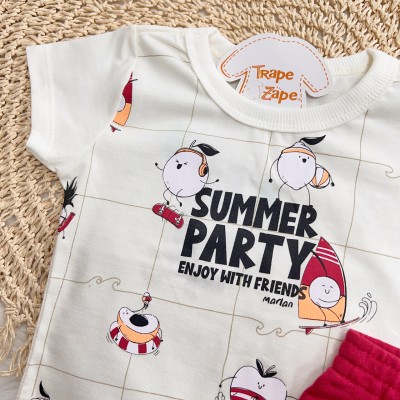 Conj. Camiseta Summer Party e Bermuda - Off White e Vermelho